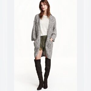 H&M Boho/Office Chunky Knit Black/White 3/4 SLV Round Hem Open Front Cardigan S